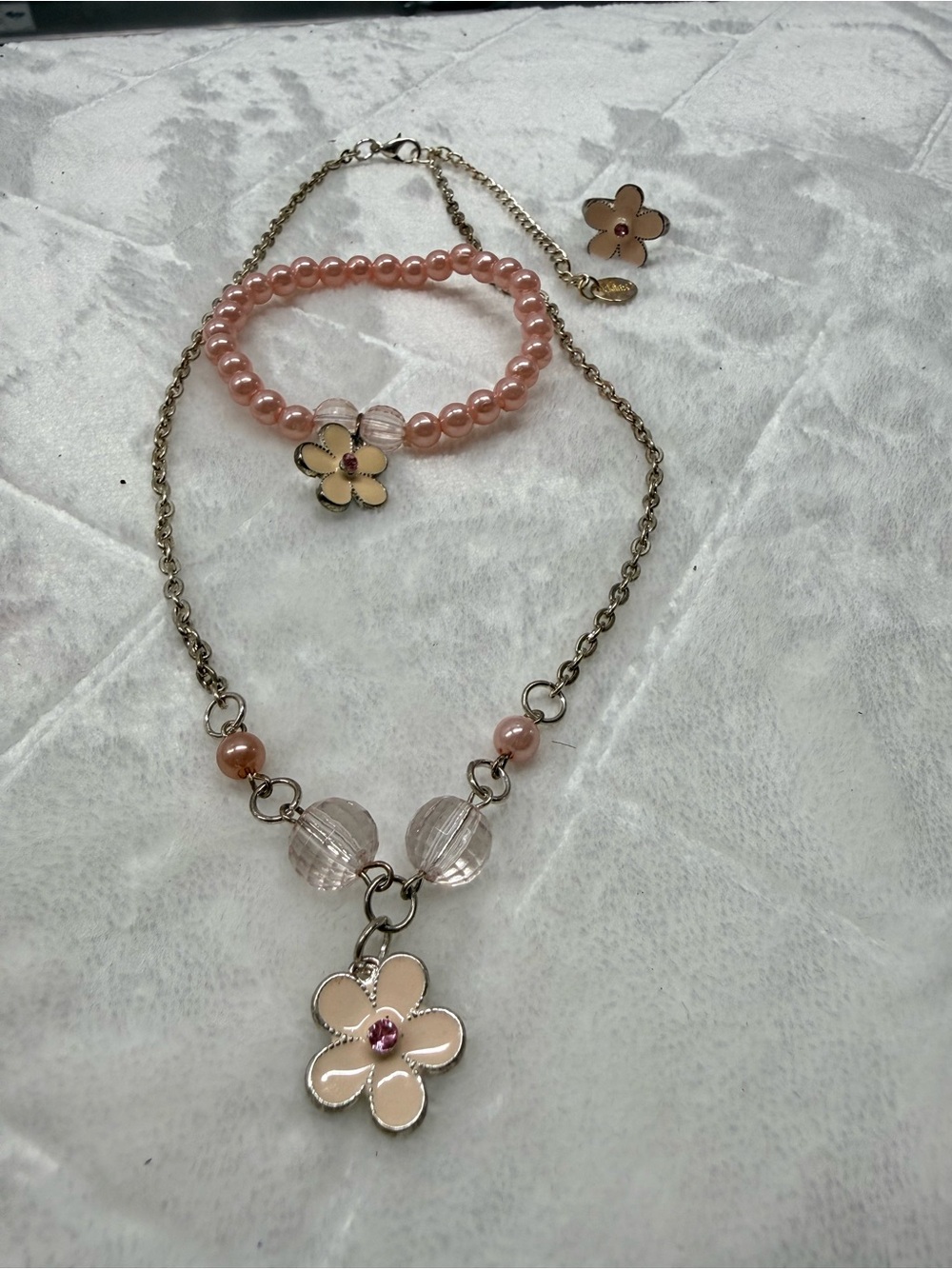 Claire's Pink Flower Pendant Necklace and Bracelet Set with Bead Accents